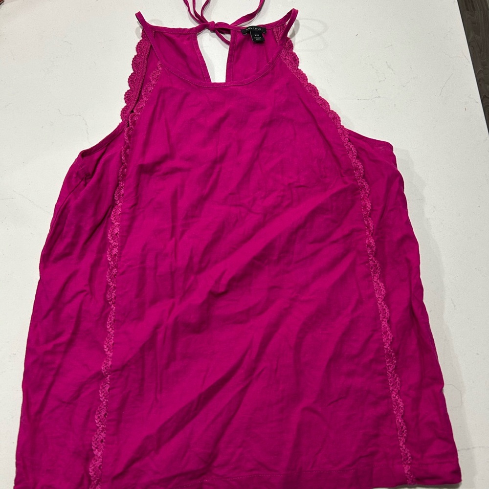 Ann Taylor Loft Womens Top Blouse Sleeveless Size XXS Fuchsia Pink Lace Linen